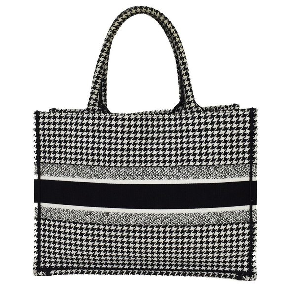 Authv CHRISTIAN DIOR Book Tote Hand Bag Houndstooth Canvas Leather Black - Picture 1 of 16